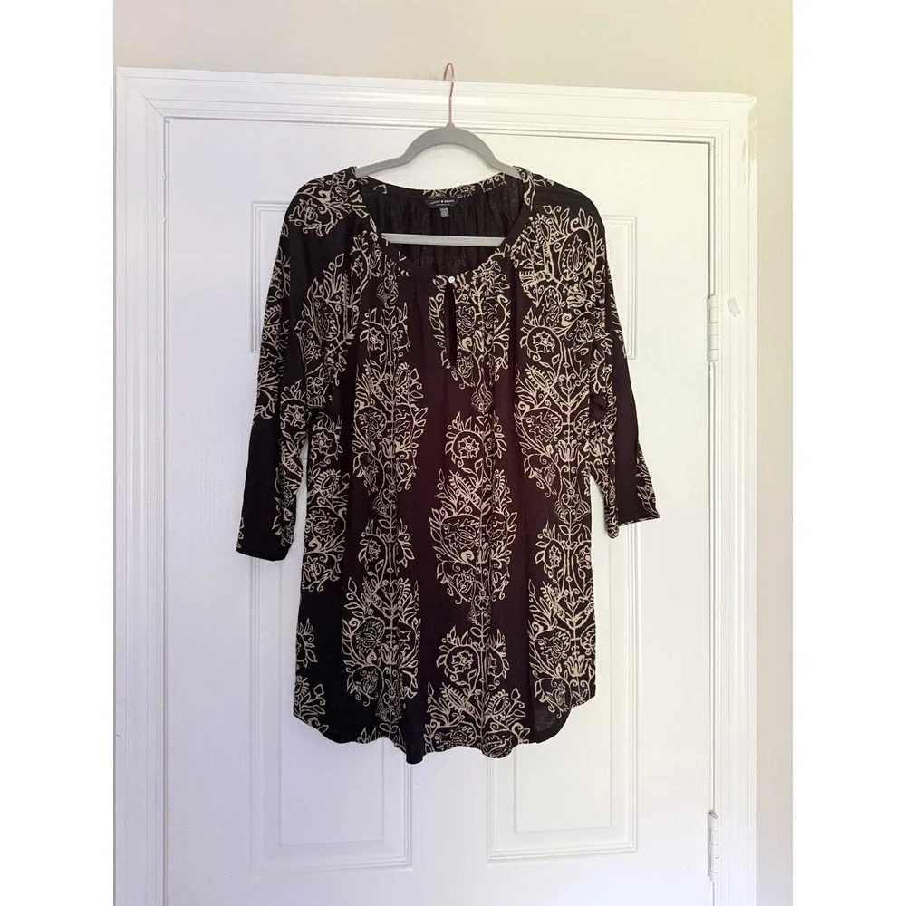 Lucky Brand 2X Black Cream Floral Boho Tunic Top 3/4 Sleeve Keyhole Plus Size